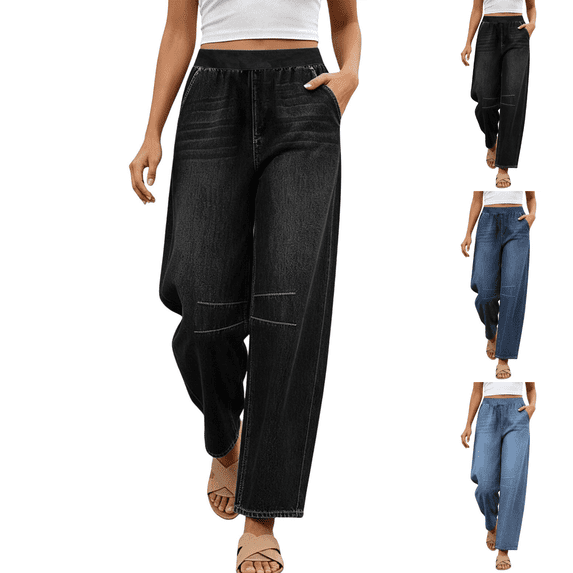 Sunnin Women Elastic Waist Wide Leg Jeans Solid Color Casual Loose Denim Pants with Pockets