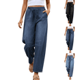 thumbnail image 1 of Sunnin Women Elastic Waist Wide Leg Jeans Solid Color Casual Loose Denim Pants with Pockets, 1 of 9