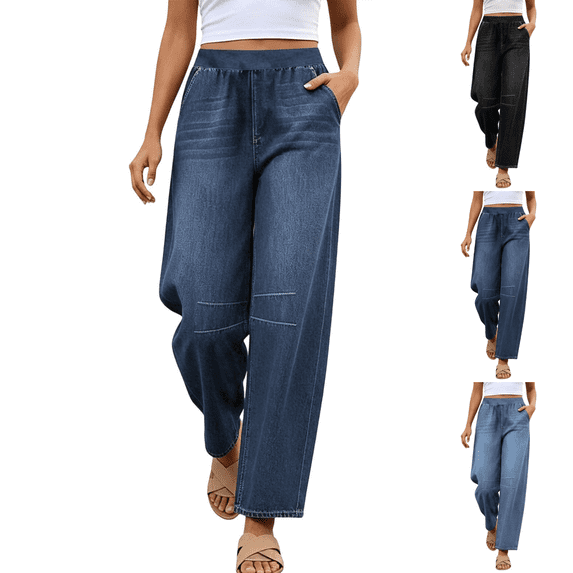 Sunnin Women Elastic Waist Wide Leg Jeans Solid Color Casual Loose Denim Pants with Pockets
