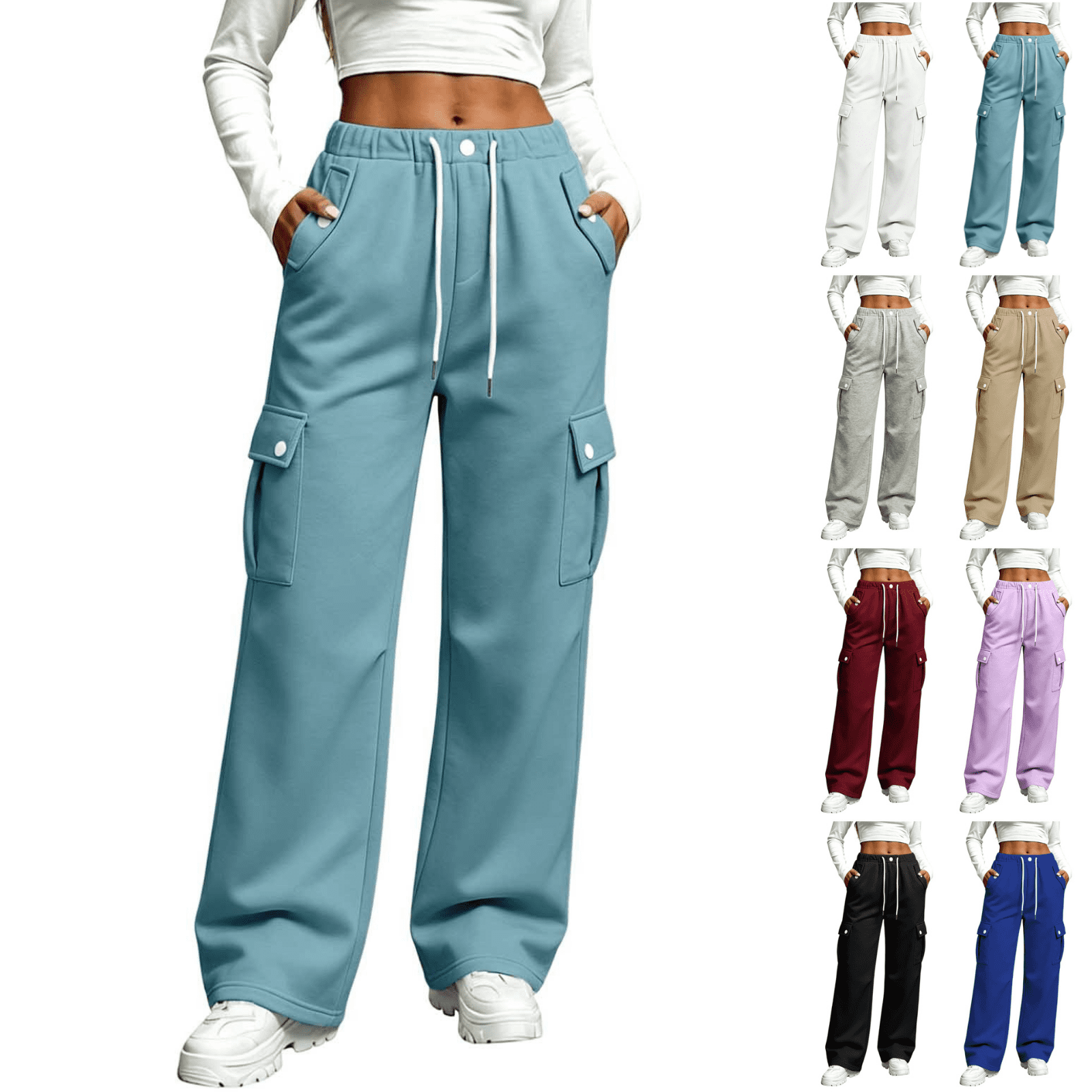 Sunnin Women Pants Solid Color Drawstring Elastic Waist Cargo ...