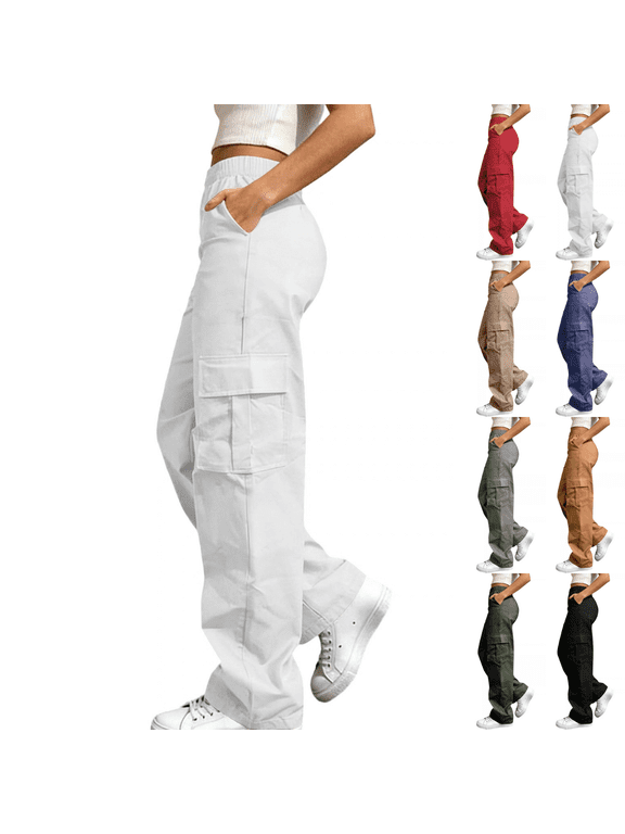 Women Pants Solid Color Elastic Waist Cargo Straight Leg with Pockets Comfort Pants
