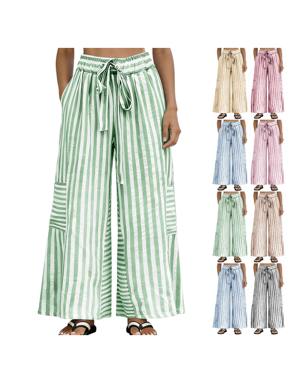 Women Pants Striped Pattern Drawstring Elastic Waist Wide Leg with Pockets Comfort Pants
