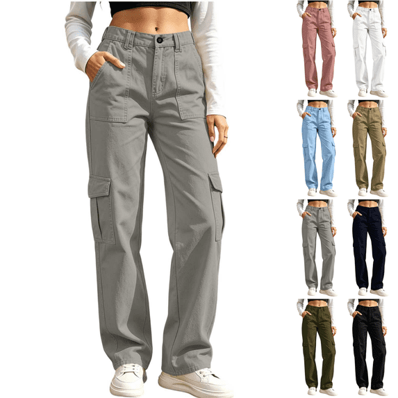 Sunnin Women Solid Color Button Elastic Waist Cargo Pants Casual Loose Hiking Lounge Pants with Pockets
