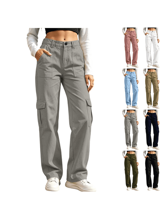 Women Solid Color Button Elastic Waist Cargo Pants Casual Loose Hiking Lounge Pants with Pockets