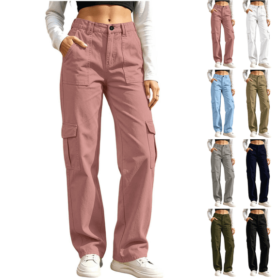 Sunnin Women Solid Color Button Elastic Waist Cargo Pants Casual Loose Hiking Lounge Pants with Pockets