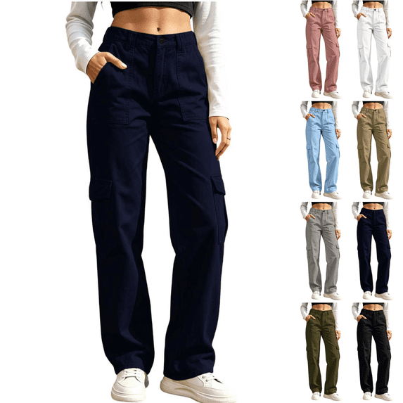 Sunnin Women Solid Color Button Elastic Waist Cargo Pants Casual Loose Hiking Lounge Pants with Pockets