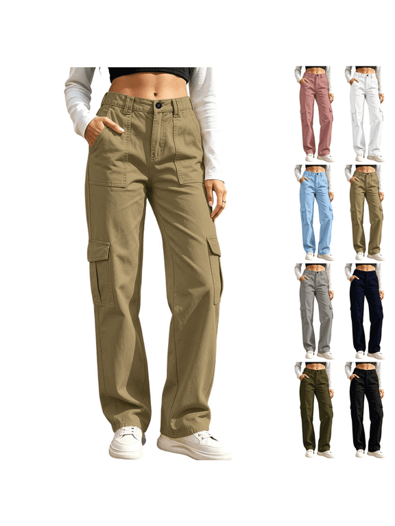 Women Solid Color Button Elastic Waist Cargo Pants Casual Loose Hiking Lounge Pants with Pockets