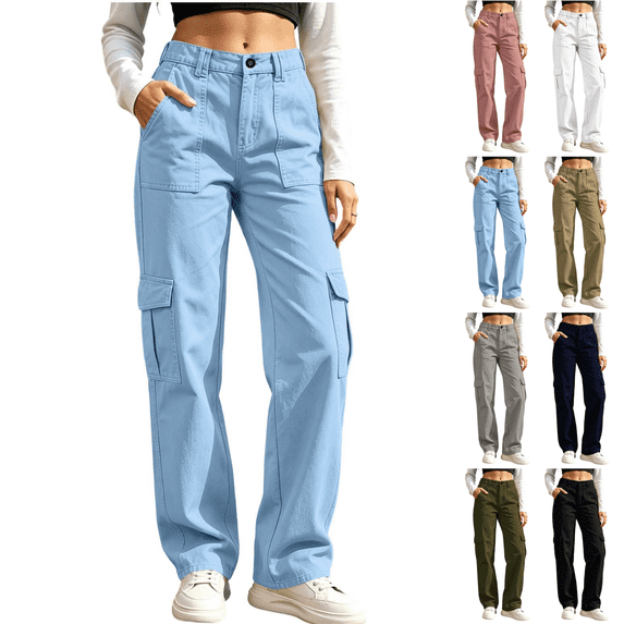 Sunnin Women Solid Color Button Elastic Waist Cargo Pants Casual Loose Hiking Lounge Pants with Pockets
