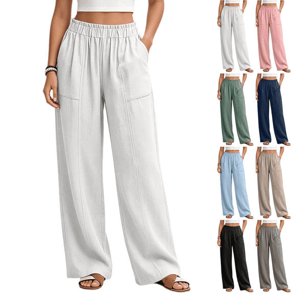 Sunnin Women Solid Color Relaxed Fit Trousers Elastic Waist Straight Leg Pants with Pockets