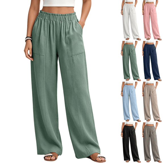 Sunnin Women Solid Color Relaxed Fit Trousers Elastic Waist Straight Leg Pants with Pockets