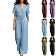 thumbnail image 1 of Sunnin Women Wide Leg Long Pants with Pockets V Neck Drawstring Waist Casual Loose Jumpsuit Pants for Women, 1 of 6