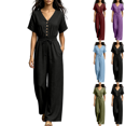 thumbnail image 1 of Sunnin Women Wide Leg Long Pants with Pockets V Neck Drawstring Waist Casual Loose Jumpsuit, 1 of 6