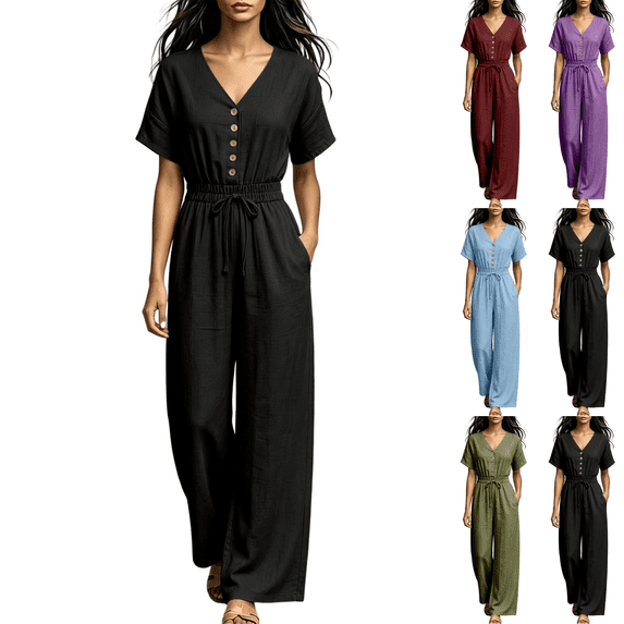 Sunnin Women Wide Leg Long Pants with Pockets V Neck Drawstring Waist Casual Loose Jumpsuit