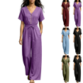 thumbnail image 1 of Sunnin Women Wide Leg Long Pants with Pockets V Neck Drawstring Waist Casual Loose Jumpsuit Pants for Women, 1 of 6