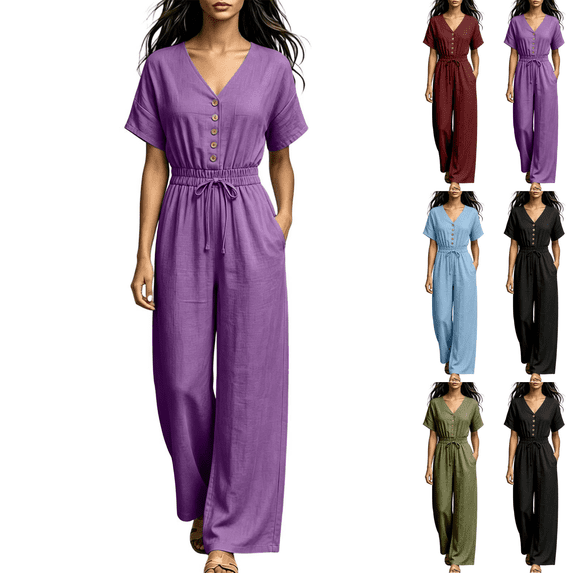 Sunnin Women Wide Leg Long Pants with Pockets V Neck Drawstring Waist Casual Loose Jumpsuit Pants for Women