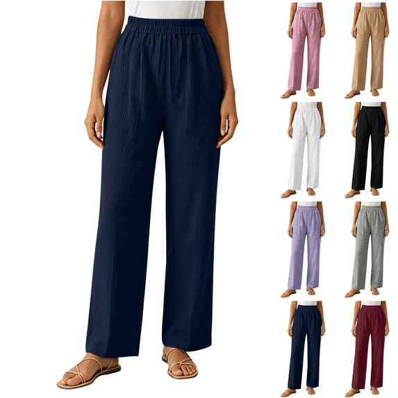 Sunnin Women's Elastic High Waist Straight Leg Lounge Trousers Lightweight Casual Pants