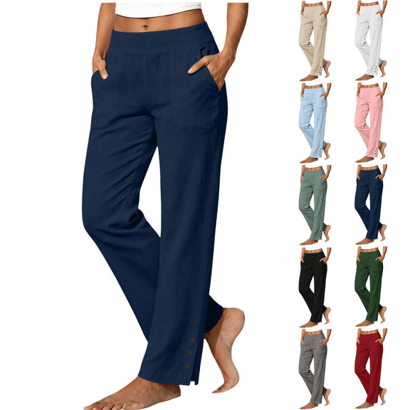 Sunnin Women's High Waist Straight Leg Pants Solid Color Elastic Waist Pull On Trousers with Pockets