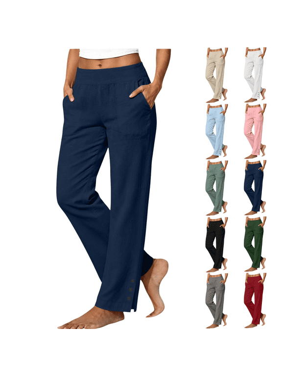 Women's High Waist Straight Leg Pants Solid Color Elastic Waist Pull On Trousers with Pockets