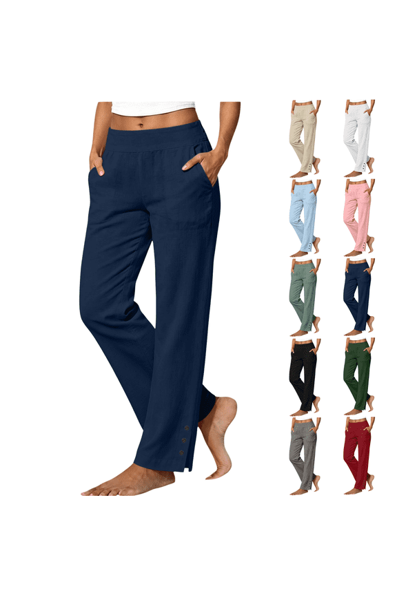 Women's High Waist Straight Leg Pants Solid Color Elastic Waist Pull On Trousers with Pockets