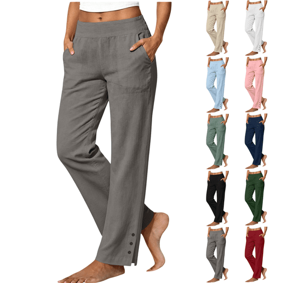 Sunnin Women's High Waist Straight Leg Pants Solid Color Elastic Waist Pull On Trousers with Pockets
