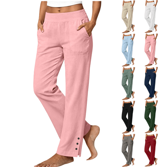 Sunnin Women's High Waist Straight Leg Pants Solid Color Elastic Waist Pull On Trousers with Pockets