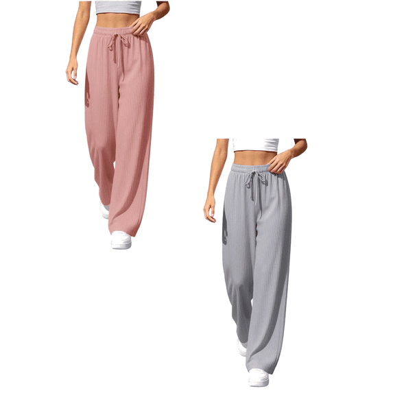 Sunnin Women's Pants 2PC Casual Wide Leg Trousers Drawstring Elastic Waist Relaxed Fit with Side Pockets