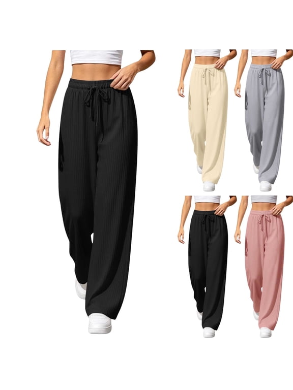 Women's Pants Casual Wide Leg Trousers Drawstring Elastic Waist Relaxed Fit with Side Pockets