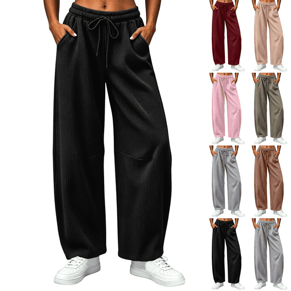 Sunnin Womens Barrel Leg Pants Waffle Knit Drawstring Elastic Waist Side Pockets Relaxed Casual Lounge Trousers
