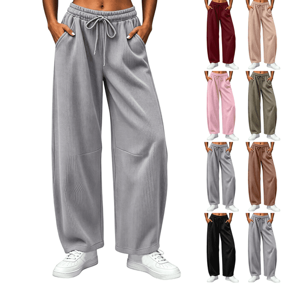 Sunnin Womens Barrel Leg Pants Waffle Knit Drawstring Elastic Waist Side Pockets Relaxed Casual Lounge Trousers