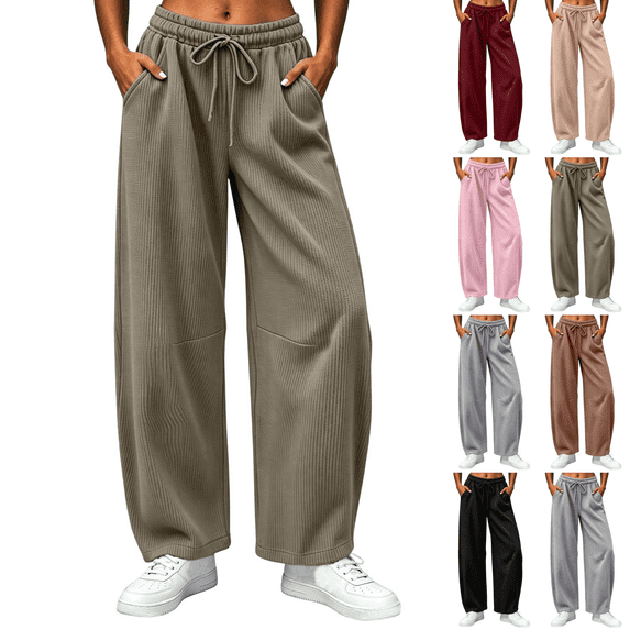 Sunnin Womens Barrel Leg Pants Waffle Knit Drawstring Elastic Waist Side Pockets Relaxed Casual Lounge Trousers
