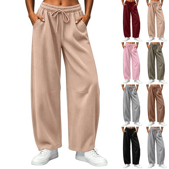 Sunnin Womens Barrel Leg Pants Waffle Knit Drawstring Elastic Waist Side Pockets Relaxed Casual Lounge Trousers