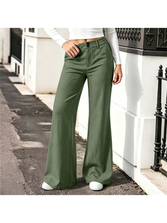 Womens Button Zip Flare Pants Cotton Linen Wide Leg Lounge Pants S-XXL