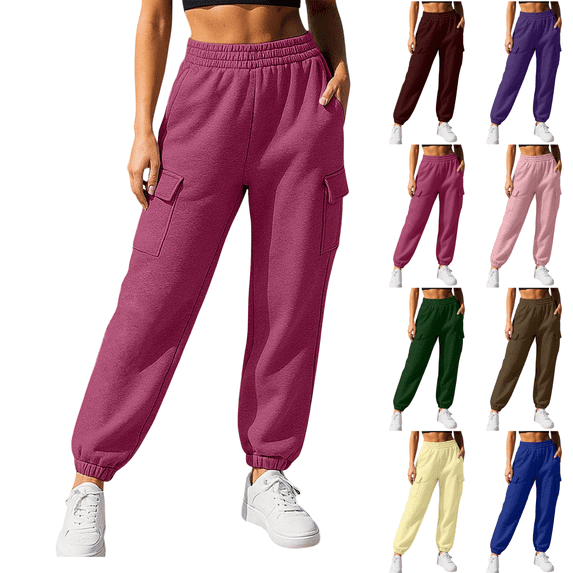 Sunnin Womens Cargo Jogger Sweatpants Elastic Waist Cuffed Ankle Pockets Relaxed Casual Lounge Trousers