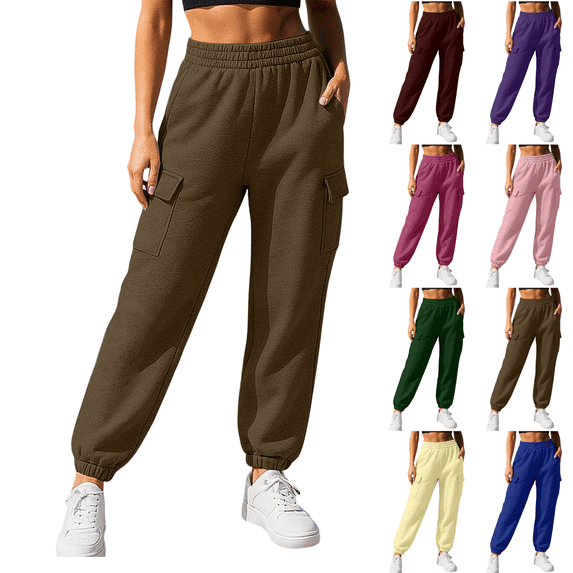 Sunnin Womens Cargo Jogger Sweatpants Elastic Waist Cuffed Ankle Pockets Relaxed Casual Lounge Trousers