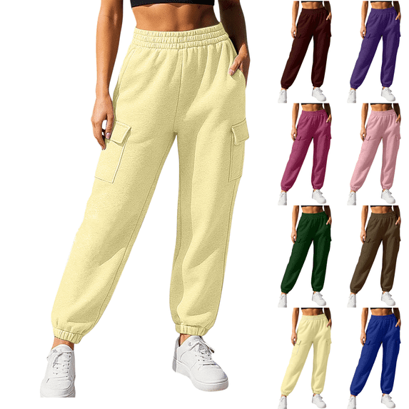 Sunnin Womens Cargo Jogger Sweatpants Elastic Waist Cuffed Ankle Pockets Relaxed Casual Lounge Trousers
