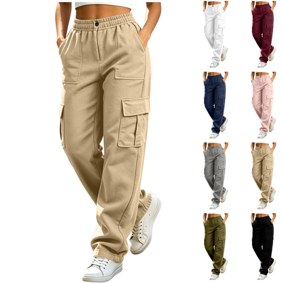 Sunnin Womens Cargo Pants Outdoor Hiking Elastic Waist Button Zip Fly Multi Pockets Casual Work Trousers