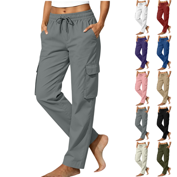 Sunnin Womens Cargo Pants with Pockets Drawstring Waist Straight Leg Casual Outdoor Trousers