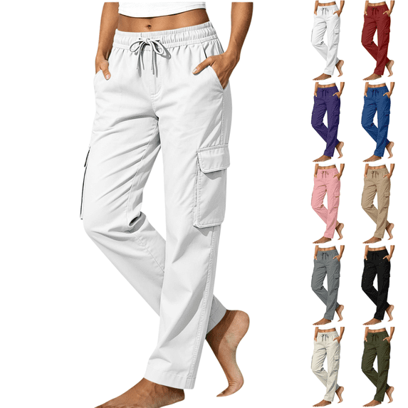 Sunnin Womens Cargo Pants with Pockets Drawstring Waist Straight Leg Casual Outdoor Trousers