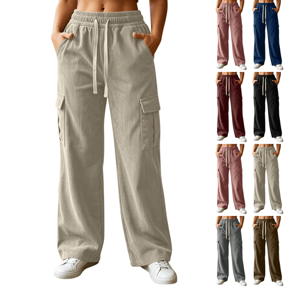 Sunnin Womens Corduroy Cargo Pants Drawstring Waist High Rise Wide Leg Pants with Pockets