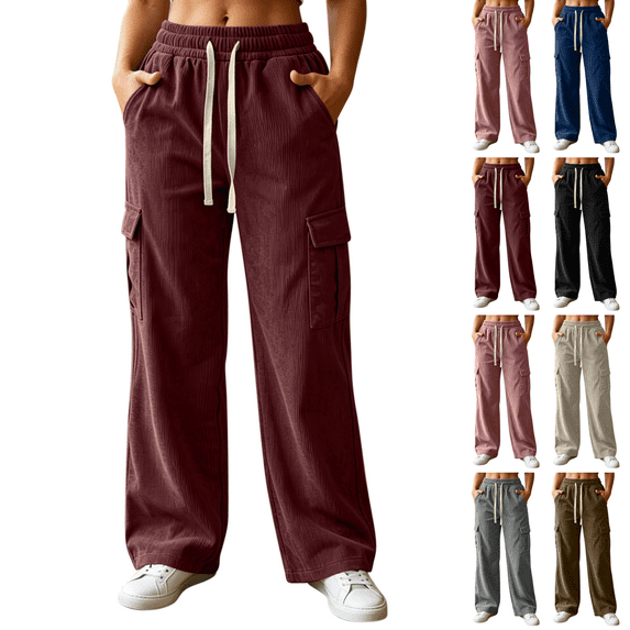 Sunnin Womens Corduroy Cargo Pants Drawstring Waist High Rise Wide Leg Pants with Pockets