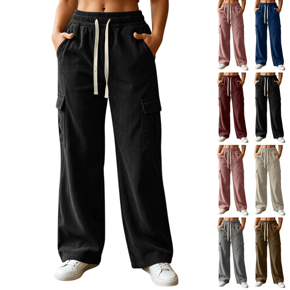 Sunnin Womens Corduroy Cargo Pants Drawstring Waist High Rise Wide Leg Pants with Pockets
