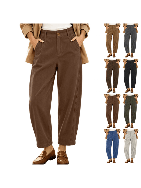 Womens Corduroy Pants Solid Color Button Closure Barrel Leg with Pockets Comfort Pants