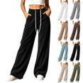 thumbnail image 1 of Sunnin Womens Cotton Corduroy Wide Leg Pants High Waist Contrast Drawstring Side Pockets Casual Lounge Trousers, 1 of 7
