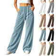 thumbnail image 1 of Sunnin Womens Cotton Corduroy Wide Leg Pants High Waist Contrast Drawstring Side Pockets Casual Lounge Trousers, 1 of 7