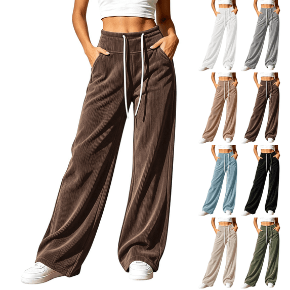 Sunnin Womens Cotton Corduroy Wide Leg Pants High Waist Contrast Drawstring Side Pockets Casual Lounge Trousers