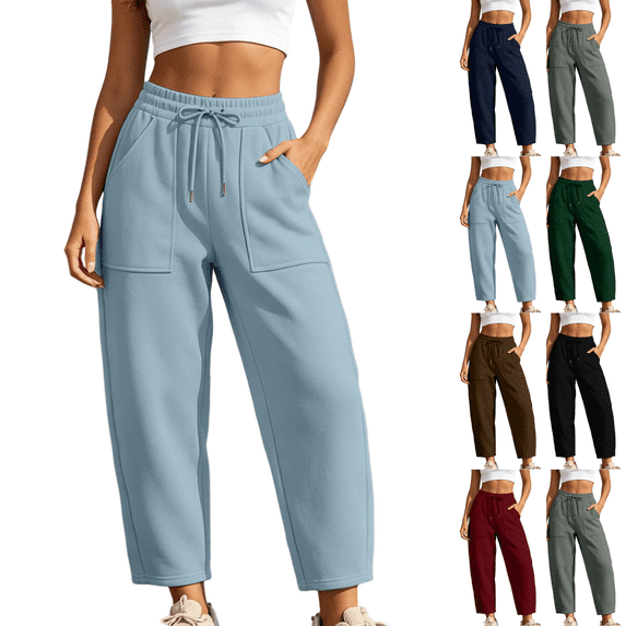 Sunnin Womens Drawstring Barrel Leg Sweatpants Elastic Waist with Pockets Cropped Casual Lounge Pants
