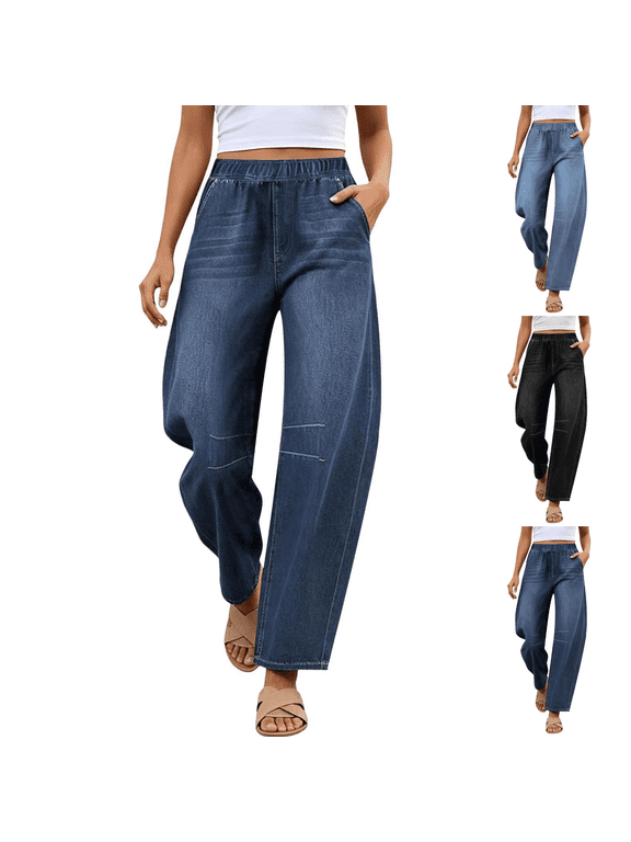 Womens Elastic Waist Barrel Leg Jeans with Pockets Casual Denim Trousers