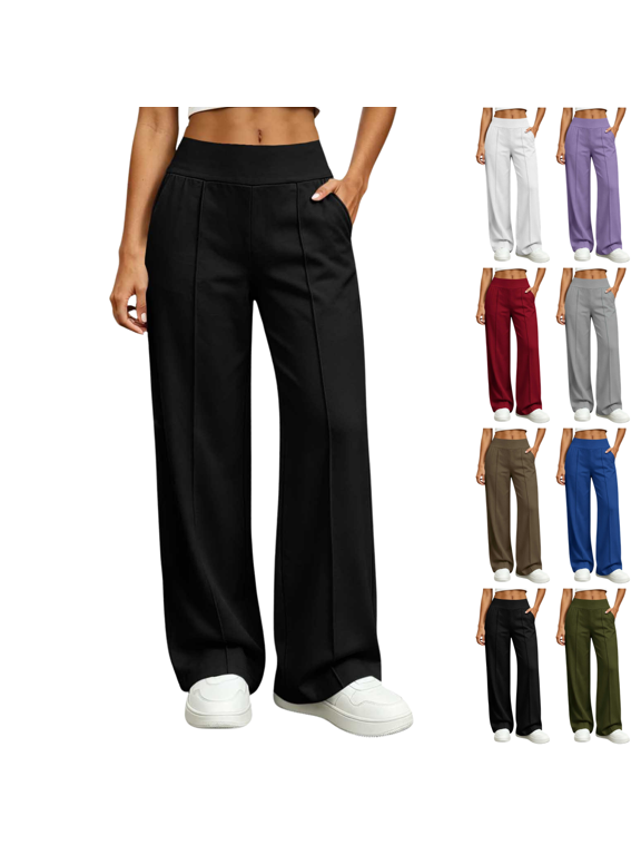 Womens Front Seam Sweatpants Wide Leg Pull On Elastic Waist Side Pockets Casual Athletic Trousers