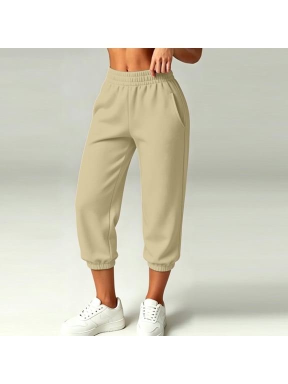 Womens High Rise Capri Sweatpants Elastic Waist Cuffed Joggers Wear Pants for Women