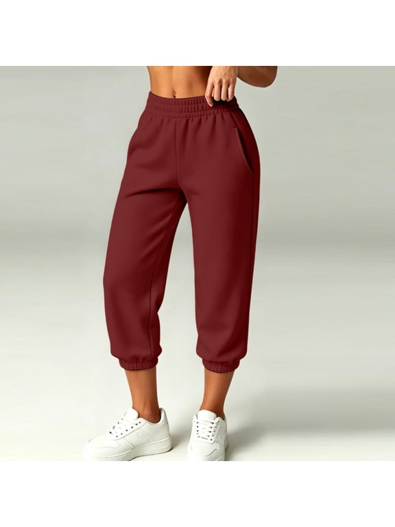 Womens High Rise Capri Sweatpants Elastic Waist Cuffed Joggers Wear Pants for Women